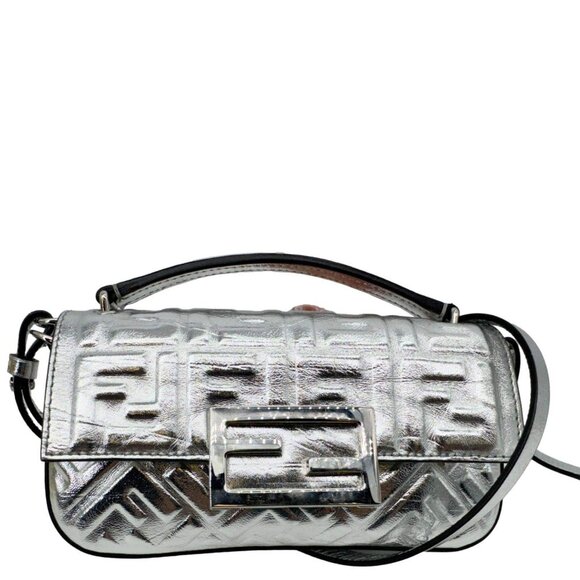 Fendi  Baguette Zucca Embossed Leather Crossbody Bag Metallic Silver - Picture 1 of 13